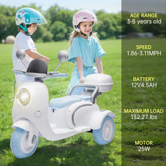 12V Two-Seater Kids Ride on Electric Motorcycle,Children'S Motorcycle，Player,Usb,Bluetooth, Light,Oversized Storage Box for Kids Aged 3-6.