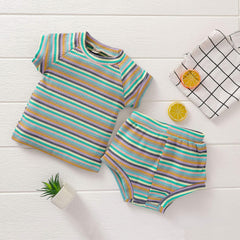 Newborn Baby Girl Boy Autume Clothes Long Sleeve Bodysuit Top+Flared Trousers Pant Set Solid Outfit 2Pcs (Shorts Set-Striped Blue&Green, 2-3 T)